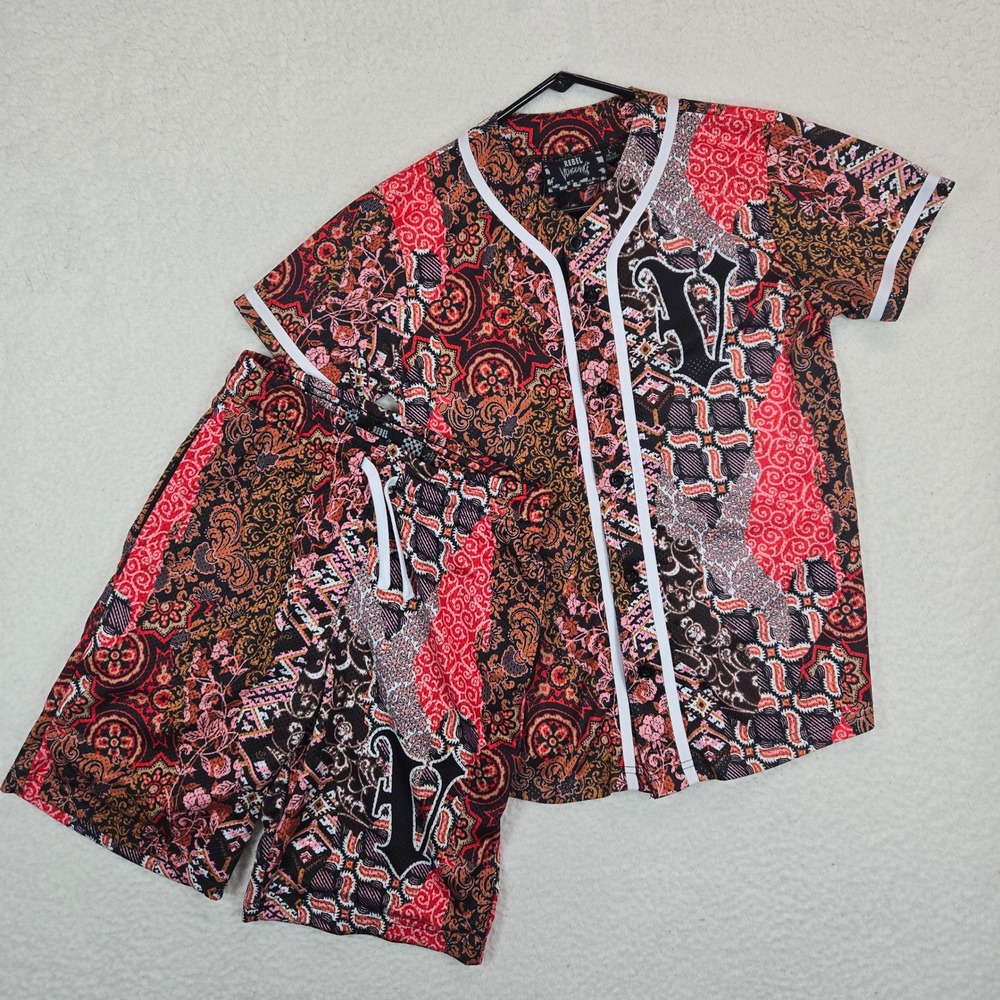 Rebel Vengeance Boys Baseball Jersey Shorts Set L 14-16 Paisley Patchwork Red L